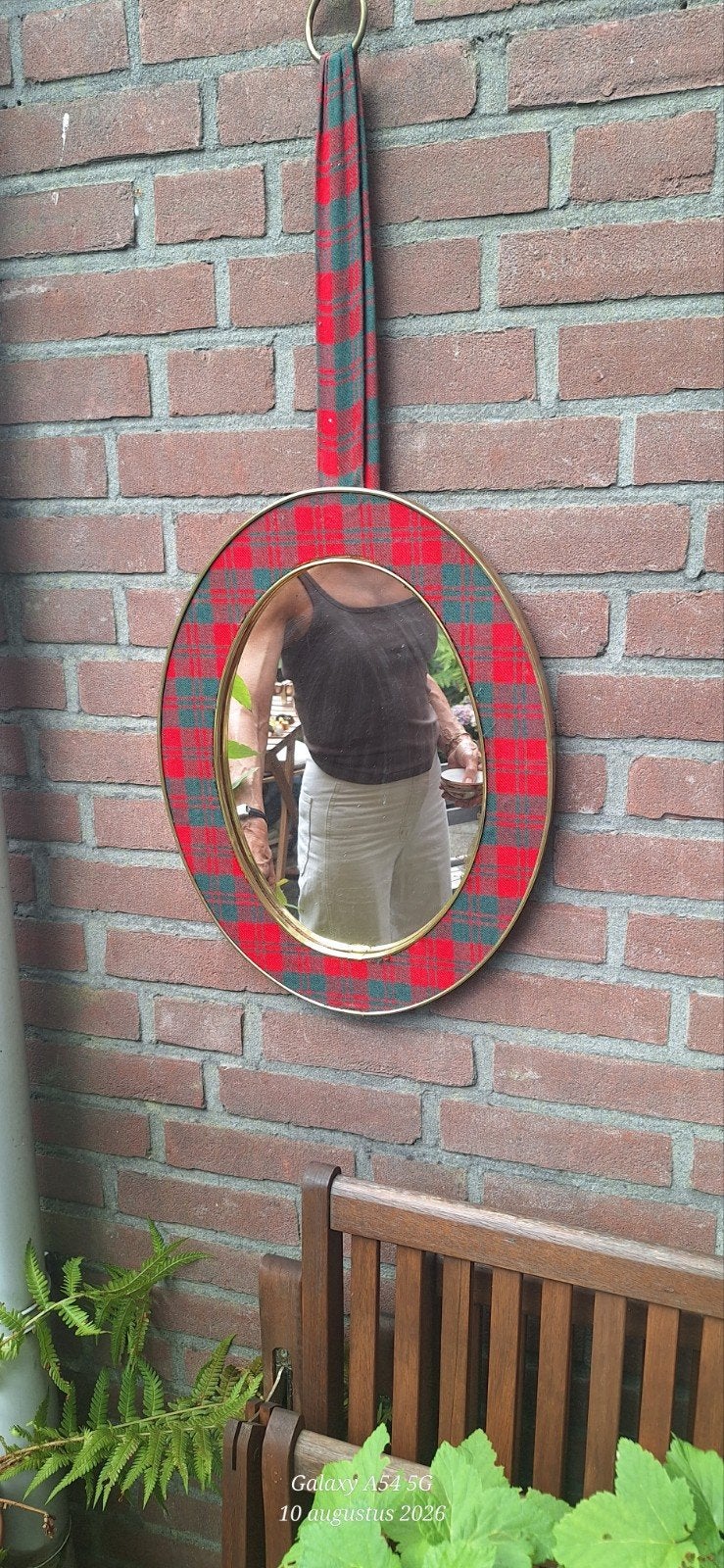 Ronde spiegel met Schotse ruit rand, Huis en Inrichting, Ophalen, Minder dan 50 cm, Gebruikt, Rond