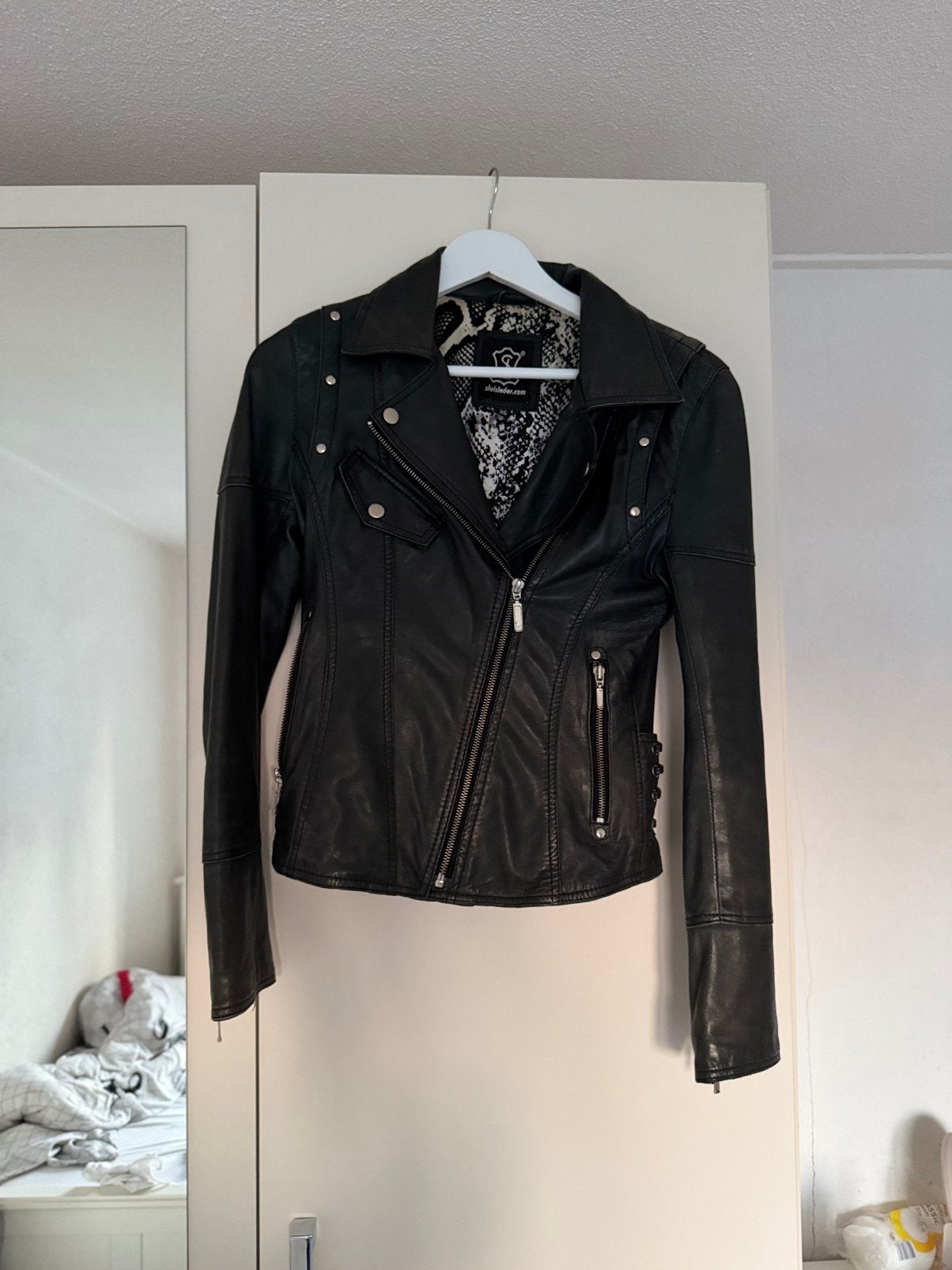 Donkergrijze leren bikerjas, Ophalen of Verzenden, Zo goed als nieuw, Jasje, Maat 36 (S)
