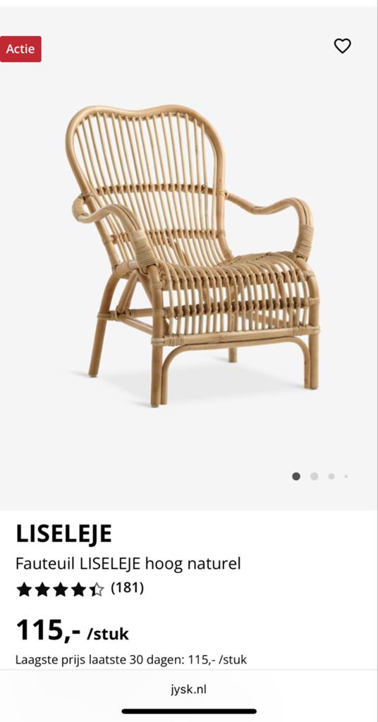 Rotan Fauteuil LISELEJE Hoog Naturel - JYSK, Ophalen, Minder dan 75 cm, Nieuw, Riet of Rotan