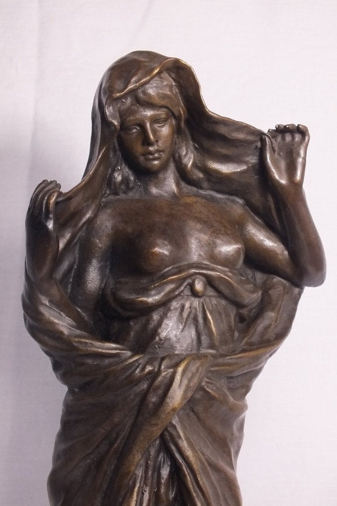 Bronzen beeld: ’La Nature se dévoilant à la Science’ (1899), Ophalen of Verzenden, Brons, 20 - 50 cm, Op sokkel