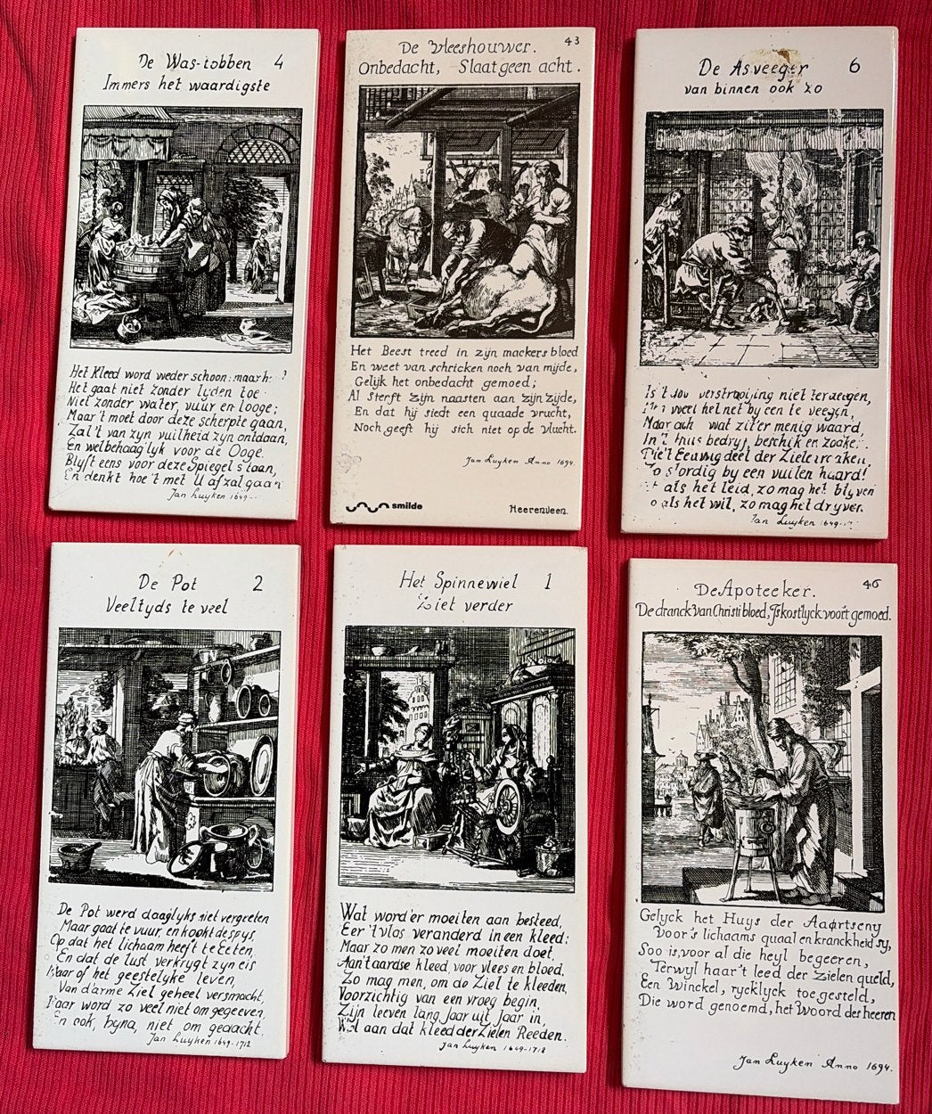 Set van 6 Antieke Tegeltjes met Spreuken van Jan Luyken, Antiek en Kunst, Ophalen of Verzenden