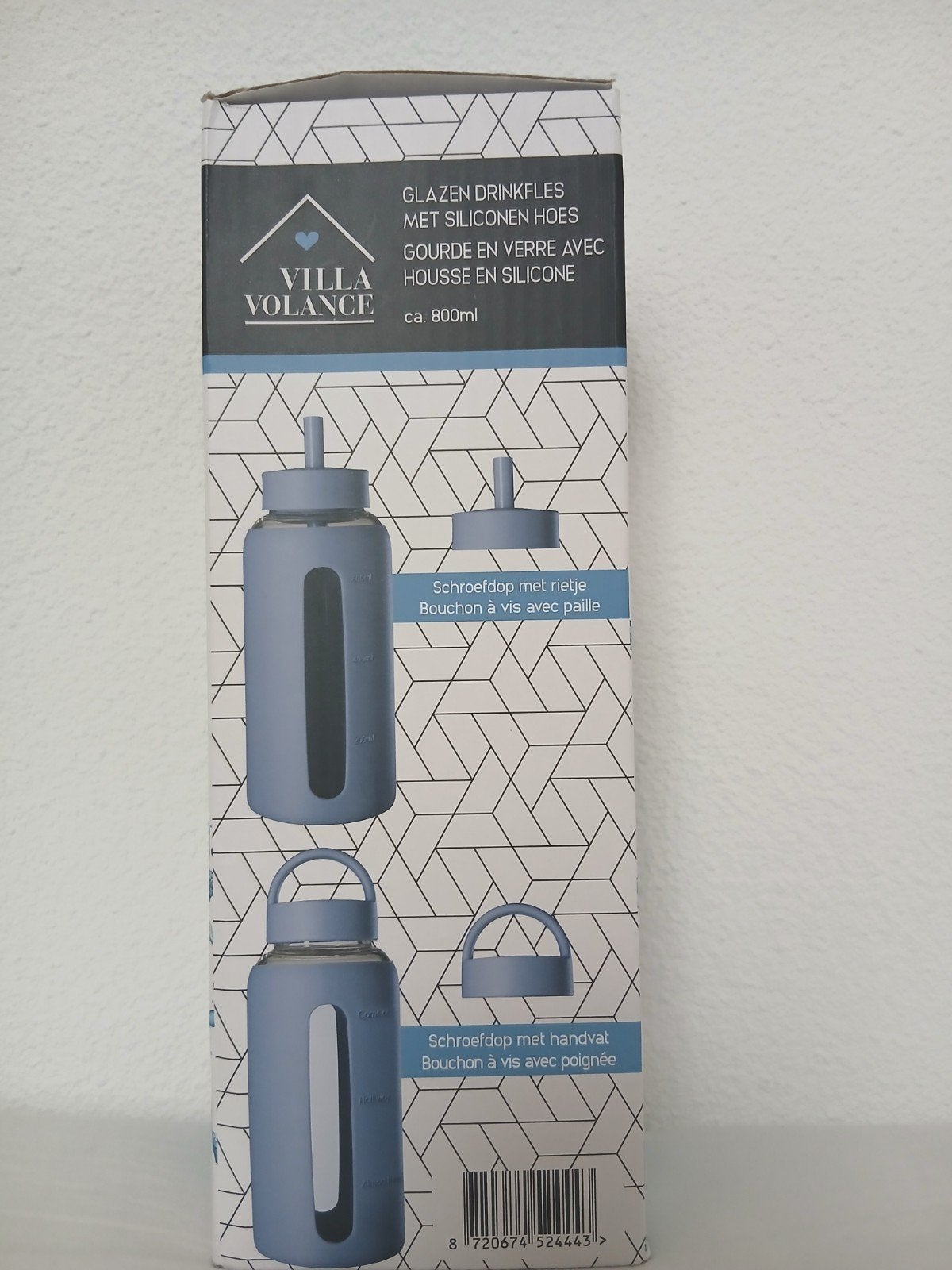 Glazen drinkfles met siliconen hoes - Villa Volance, Ophalen, Nieuw, Blauw, Glas