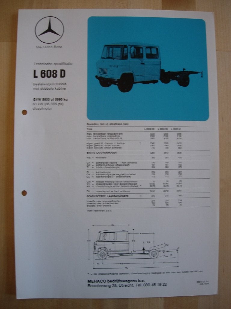 Mercedes 608 D Technische Specificatie Brochure 1979 608D, Zo goed als nieuw, Mercedes-Benz, Mercedes, Ophalen of Verzenden