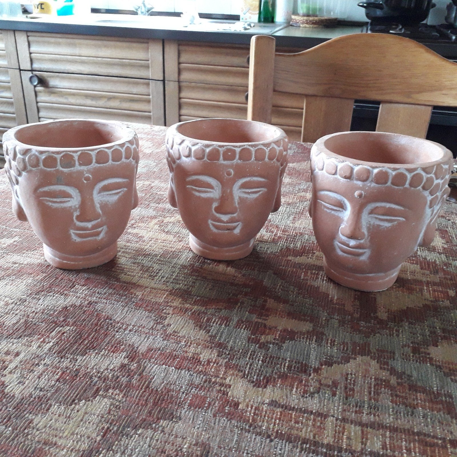 Set van 3 terracotta bloempotjes met gezicht, Tuin en Terras, Bloempotten, Ophalen, Rond, Binnen, Aardewerk