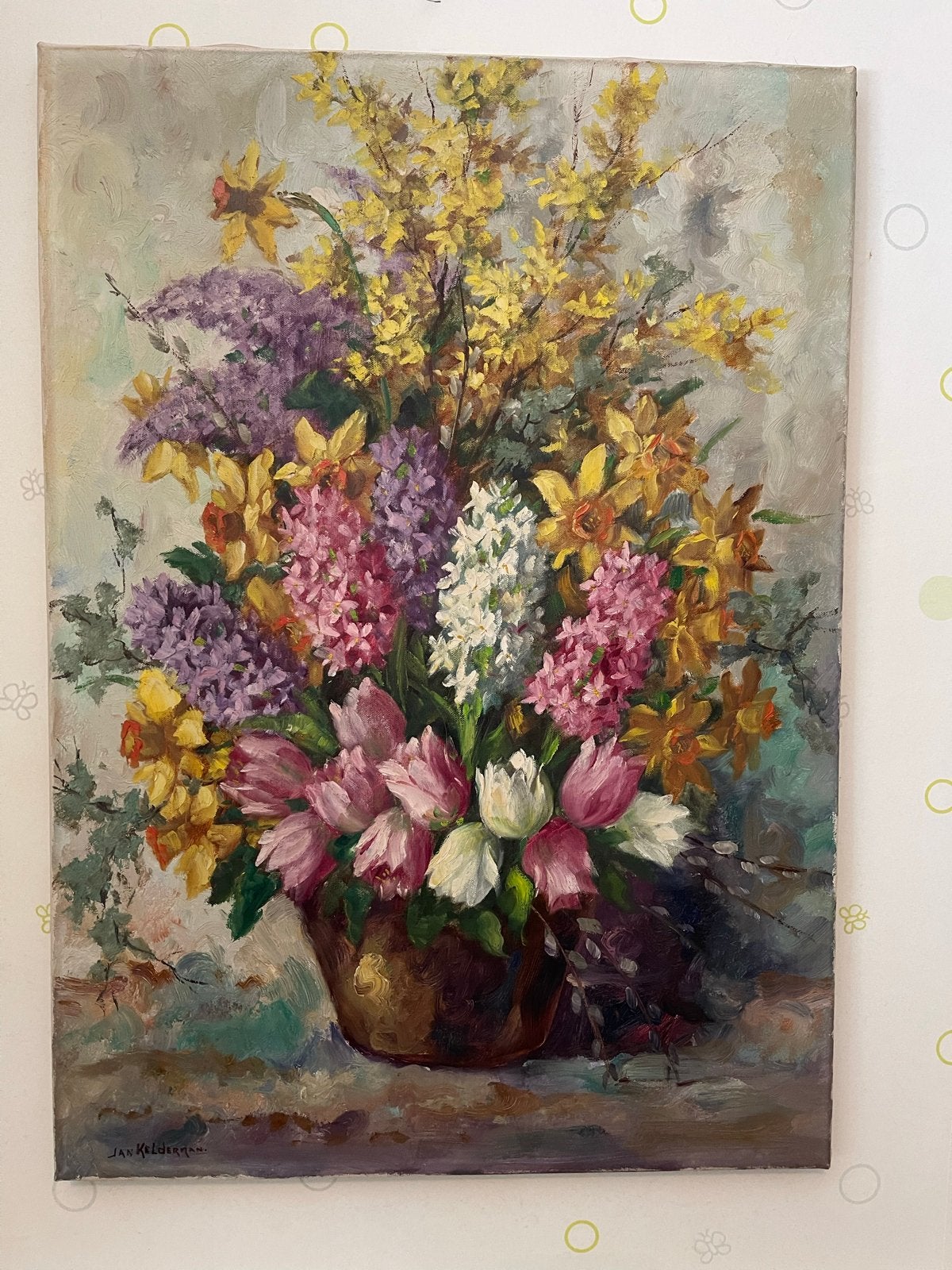 Schilderij Jan Kelderman - Kleurrijk Bloemenstilleven, Antiek en Kunst, Bloemen, Doek, Impressionistisch, Ophalen of Verzenden