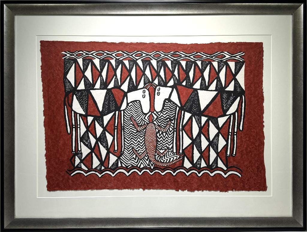 269. Schilderij, vrouwengroep SWOPA Ghana - hagedis en ossen, Antiek en Kunst, Ophalen of Verzenden
