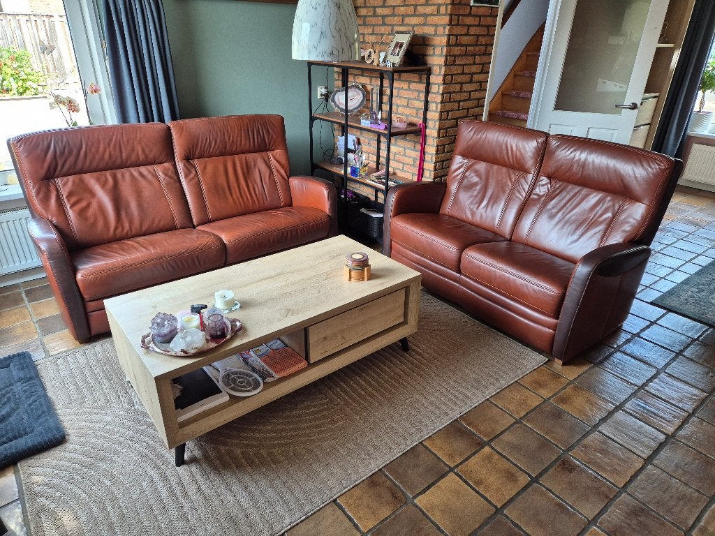 2 Kleuren bruin dik lederen Prominent bankstel 3 + 2 zits., Ophalen of Verzenden, Zo goed als nieuw, 75 tot 100 cm, 125 cm of meer