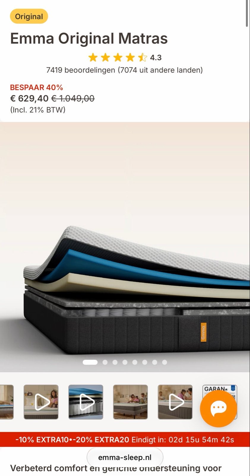Emma Original Matras - 160x200 gebruikt in gastenkamer, Huis en Inrichting, Ophalen, Overige maten, Matras, Nieuw