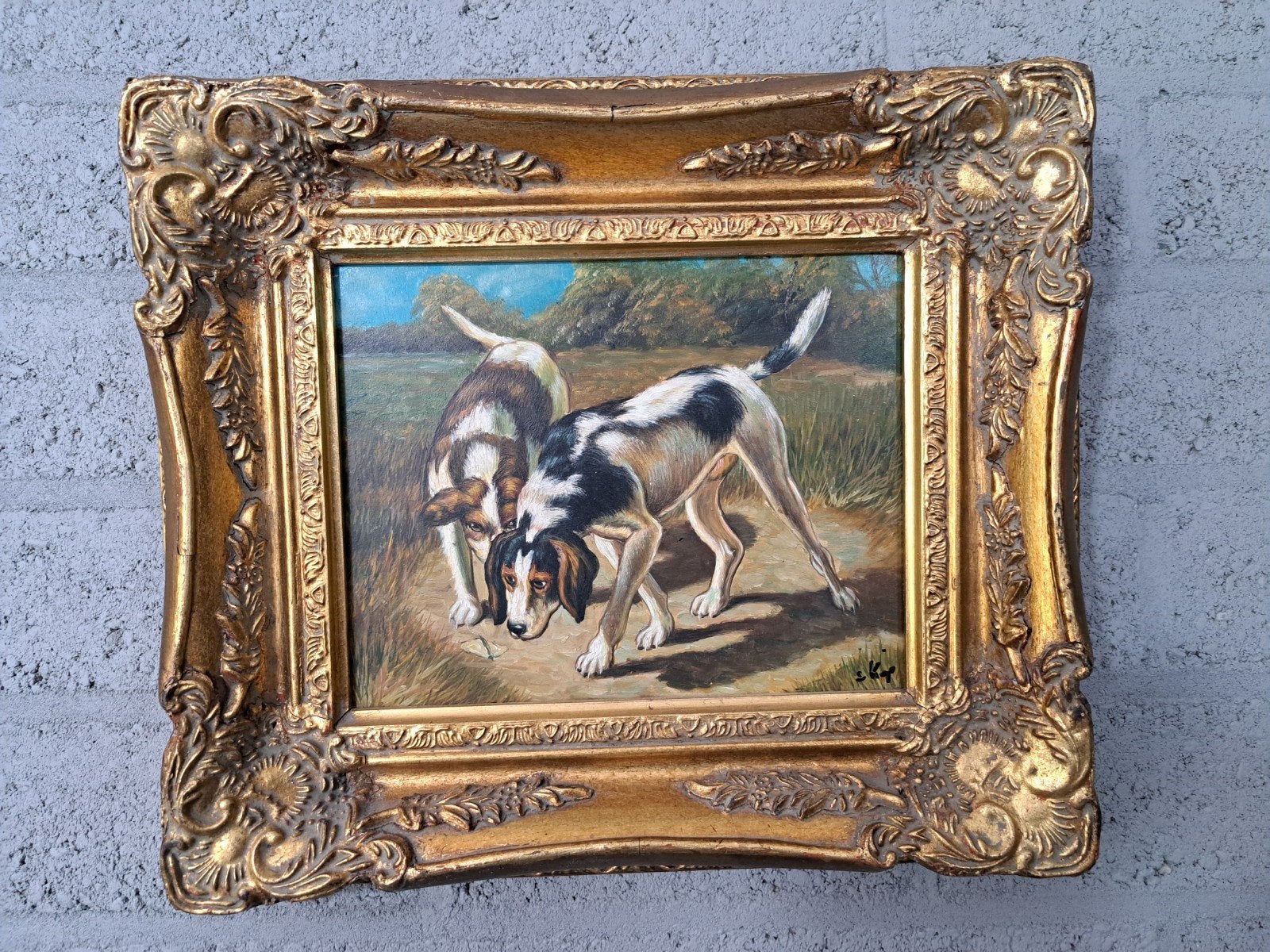 Olieverfschilderij: Twee Jachthonden, gesigneerd S. Krop, Antiek en Kunst, Ophalen of Verzenden