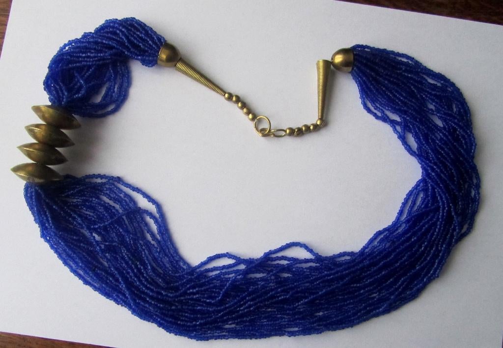 Vintage Tsjechische glas zaad kraal blauw Rocailles ketting, Verzenden, Zo goed als nieuw, Blauw, Overige materialen