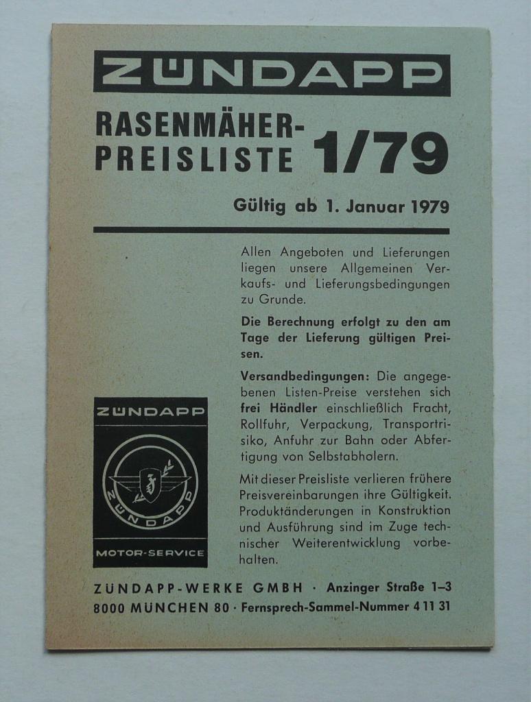 Zündapp Prijslijst (1979) met "Alle Grasmaaier Modellen", Fietsen en Brommers, Verzenden, Gebruikt