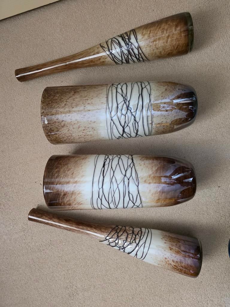 Decoratieve glazen vazen set - bruin/beige met zwart patroon, Antiek en Kunst, Ophalen of Verzenden
