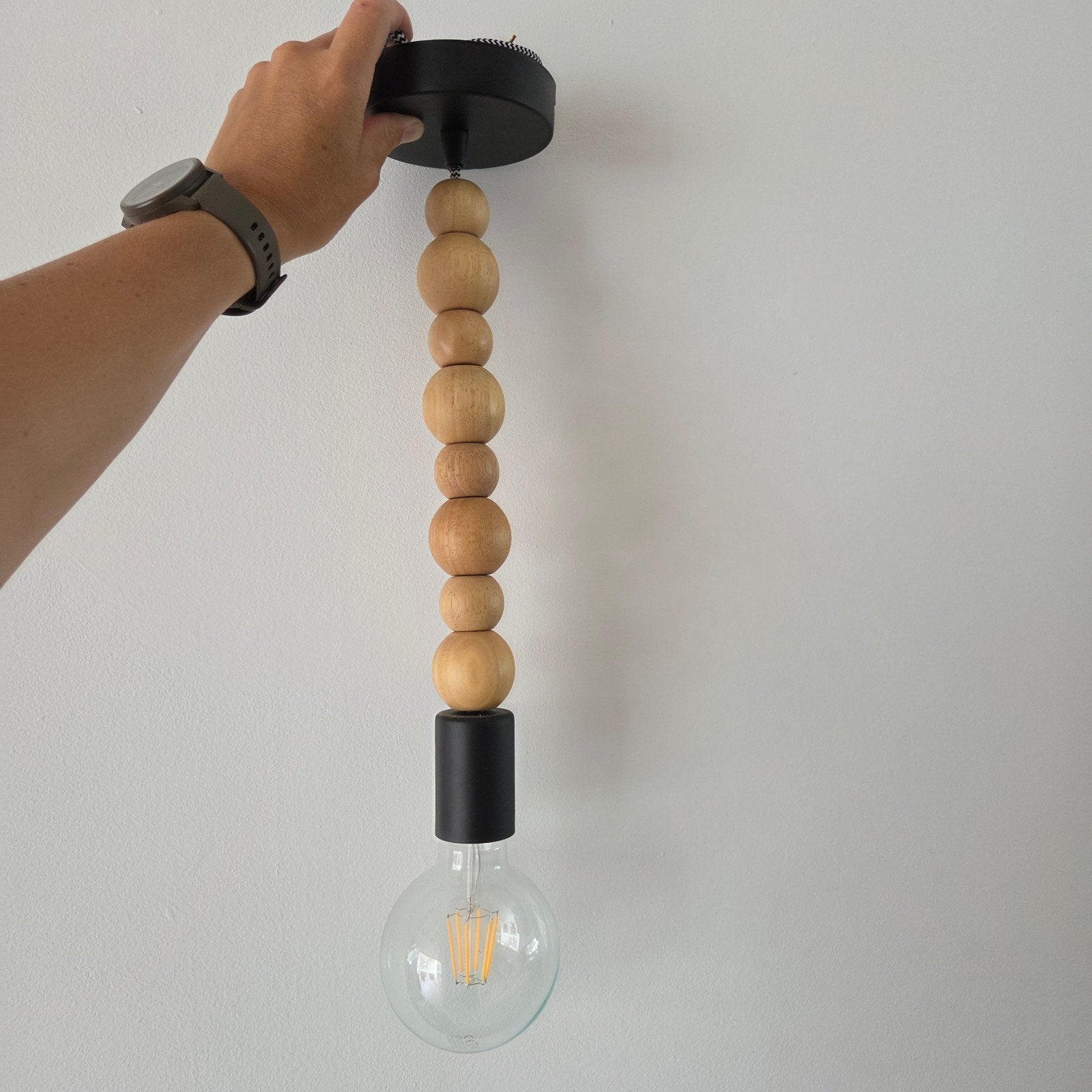 Hanglamp / pendel met houten kralen, Bohemian, Scandinavisch, Natuurlijk, Zo goed als nieuw, Hout, E27 (groot)