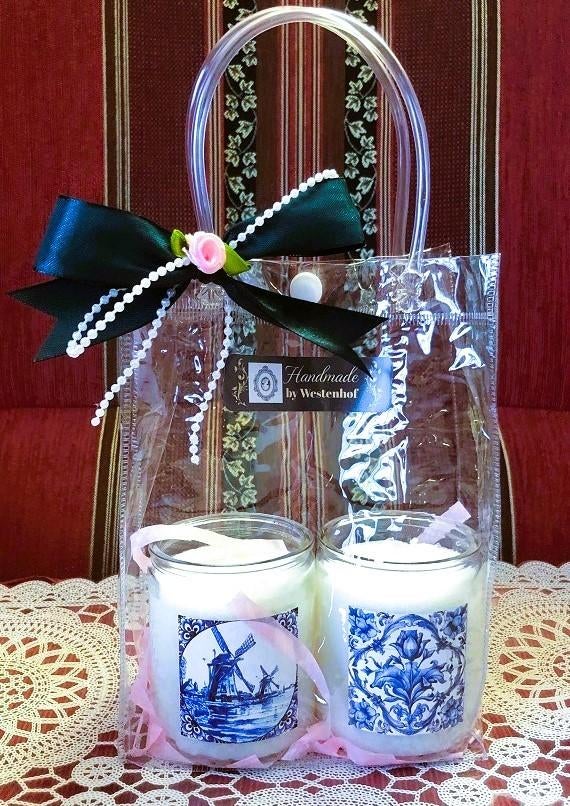 5x Set - giftset - cadeaus - kaarsen in glazen delfts blauw, Overige materialen, Verzenden, Wit, Nieuw