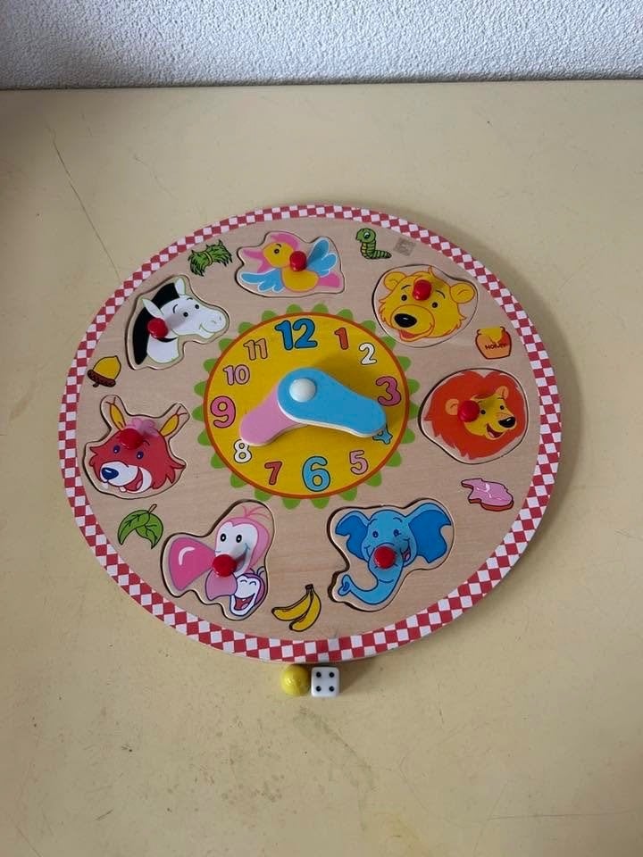 Bino houten inlegpuzzel klok met vrolijke dieren, Ophalen of Verzenden, Zo goed als nieuw, Van hout, Minder dan 10 stukjes