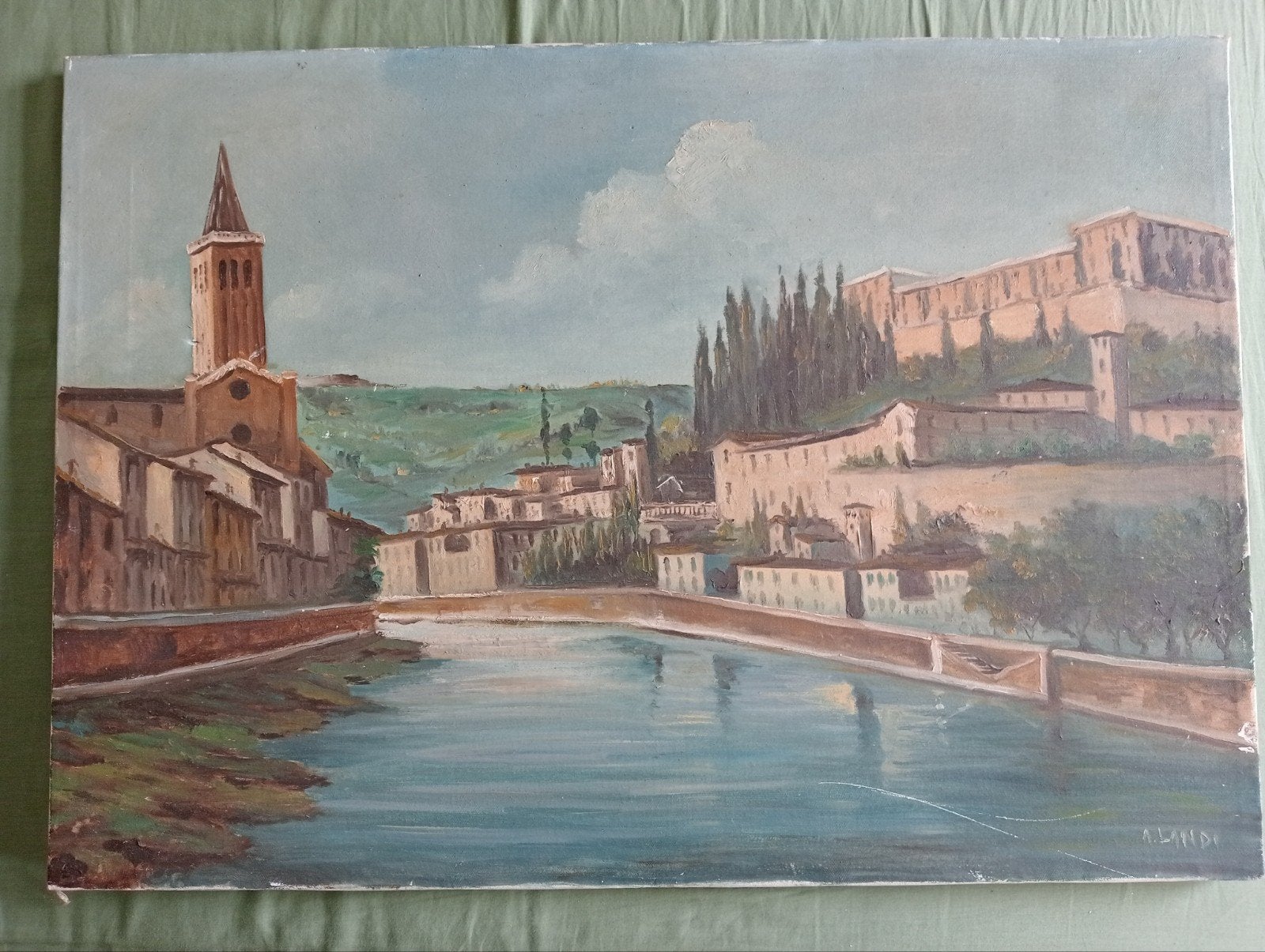 A.Landi Verona Stadsgezicht olieverf op doek, Ophalen of Verzenden