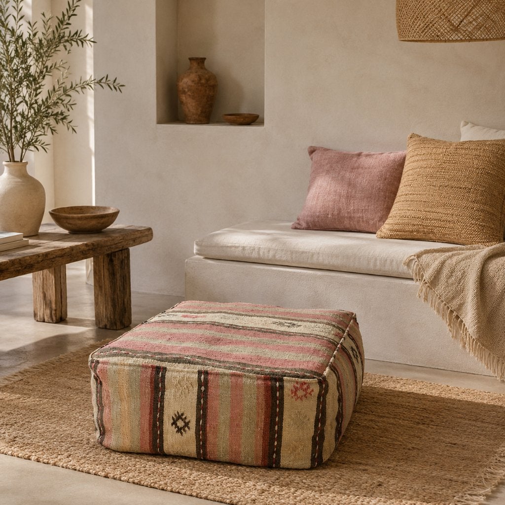 Vintage kelim poef vierkant 60x60 oudroze bruin grijsgroen, Yazgibi, Verzenden, Nieuw, BOHO Eclectisch Scandi Ibiza Marokko Vintage Werelds wonen