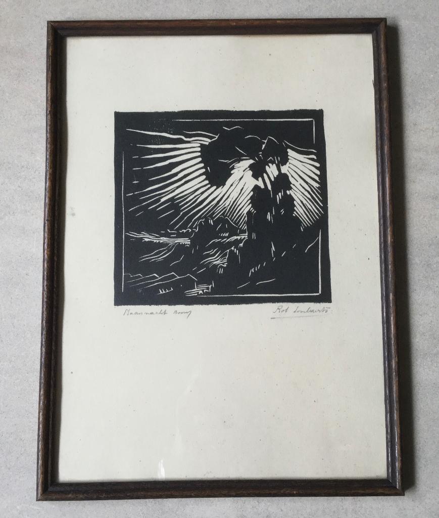 Linosnede gesign Rob Lombaerts (1898-1985) maannacht Boom, Antiek en Kunst, Kunst | Litho's en Zeefdrukken, Verzenden