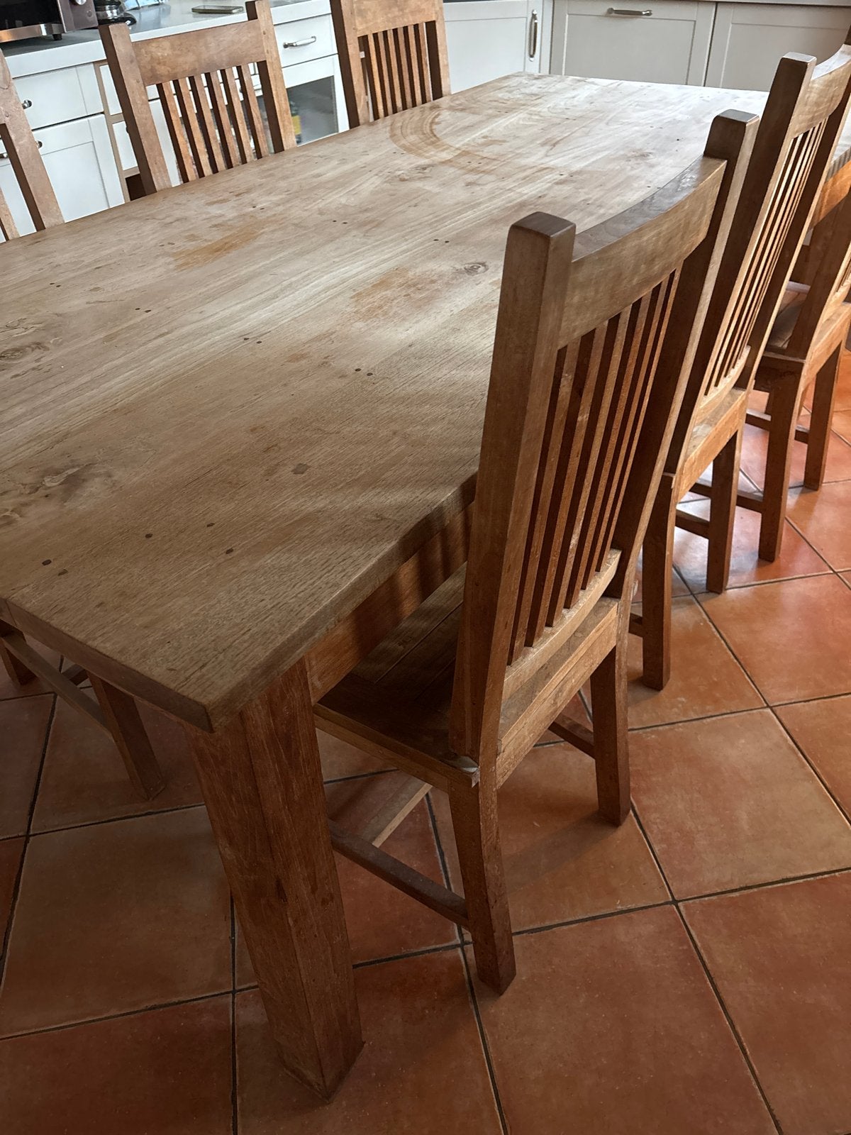 Massief Teak Eettafel (220x100 cm) met 6 Stoelen, Ophalen, Gebruikt, 100 tot 150 cm, Teakhout