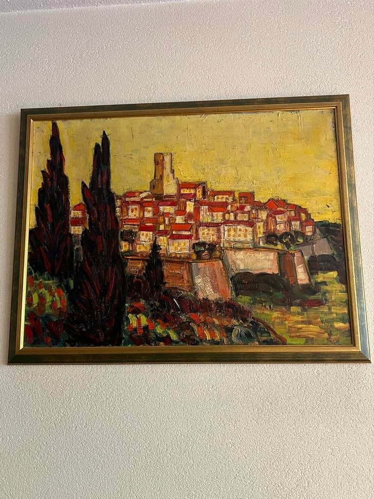 Sfeervol Olieverfschilderij  Gezicht op Saint-Paul-de-Vence, Antiek en Kunst, Ophalen