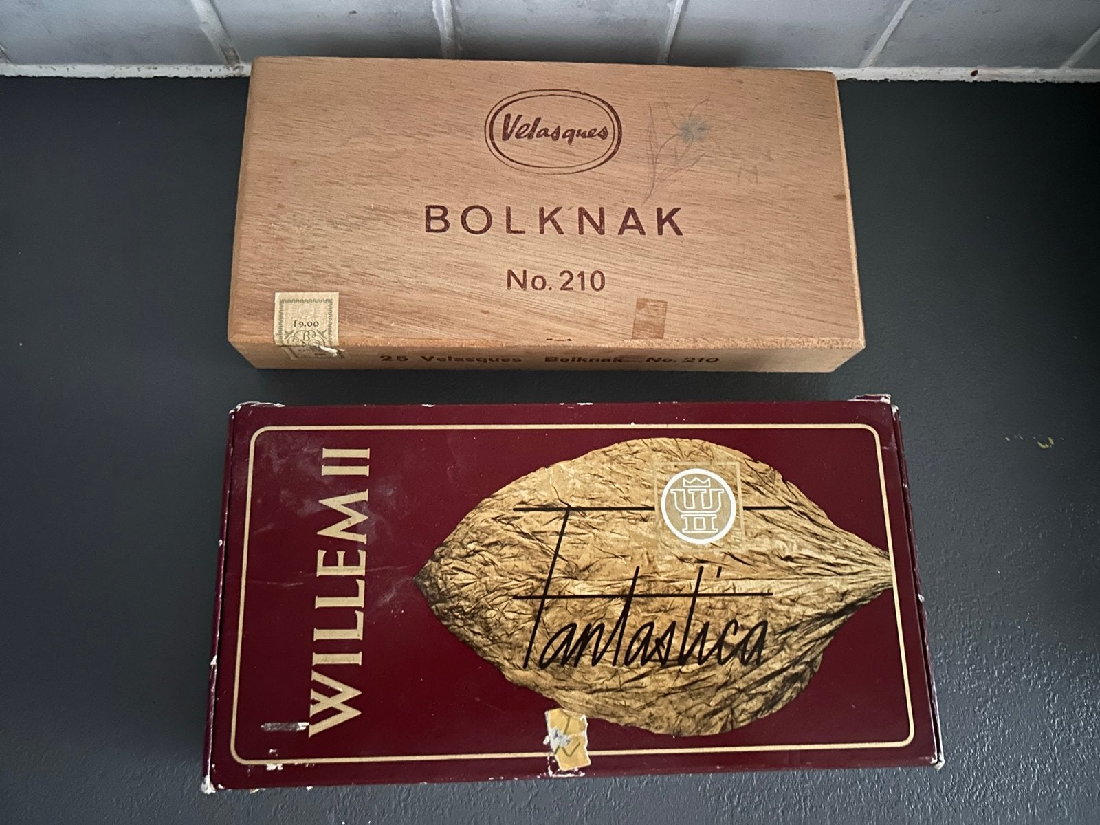 Vintage sigarenkistjes: Velasques Bolknak & Willem II Fantas, Ophalen of Verzenden, Gebruikt, Tabaksdoos of Verpakking