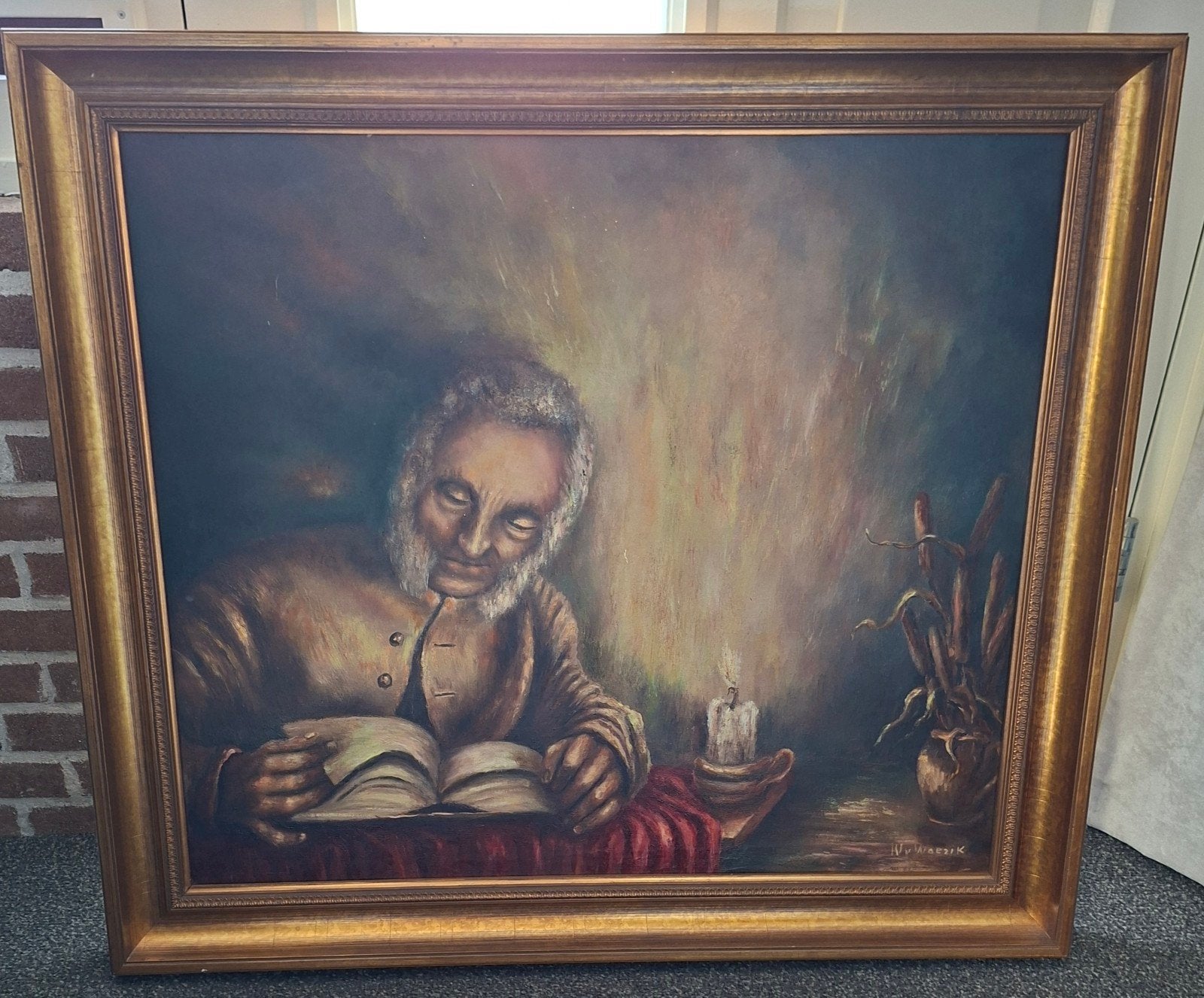 Schilderij W. van Woezik in koperkleurige lijst, Antiek en Kunst, Kunst | Schilderijen | Klassiek, Ophalen