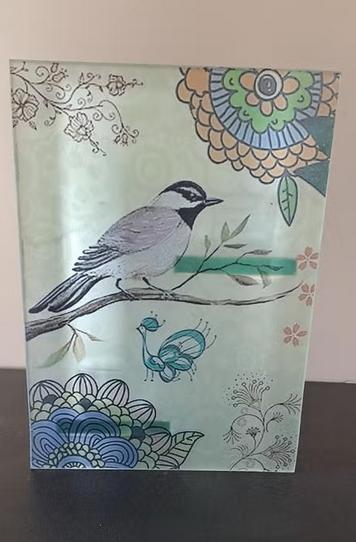 Glazen kandelaar met vogelprint, Huis en Inrichting, Ophalen of Verzenden, Overige materialen, Minder dan 25 cm
