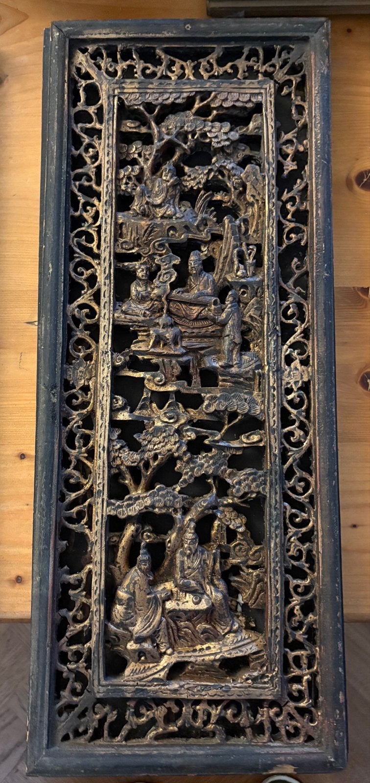 Antiek Chinees houtsnijwerk paneel met figuren, Ophalen