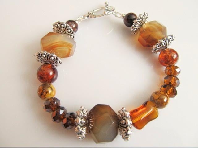 Armband Estella agaat-glas-kristalglas facet-tin zilver, Ophalen, Bruin, Nieuw, Met bedels of kralen