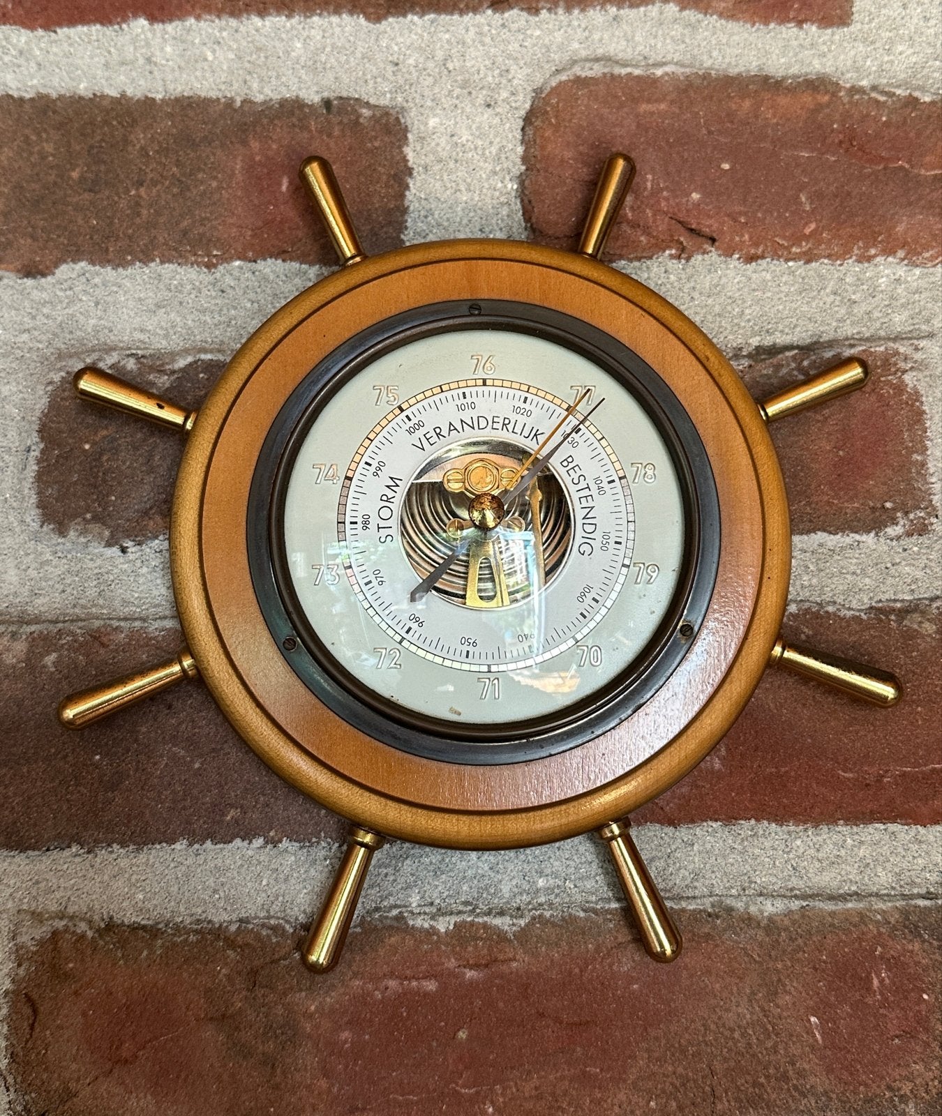 Vintage scheepsroer barometer - hout en messing, Ophalen of Verzenden, Gebruikt, Barometer