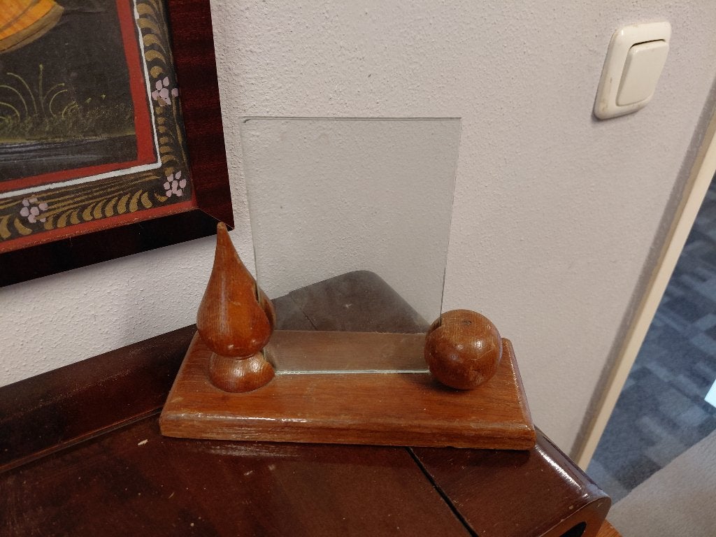 Antieke houten fotolijst met twee glasplaten, staand model., Verzenden