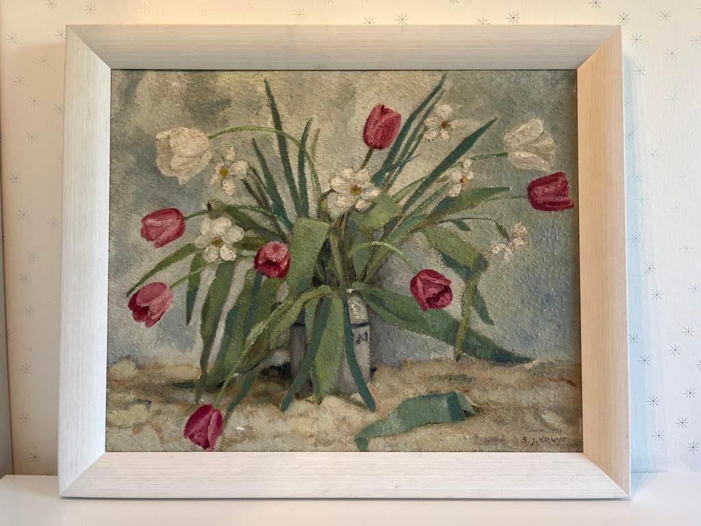 Bloemstilleven met tulpen en witte bloemen, gesigneerd, Ophalen