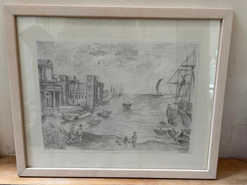 Ingelijste potloodtekening van havengezicht, Ophalen of Verzenden, Overige typen