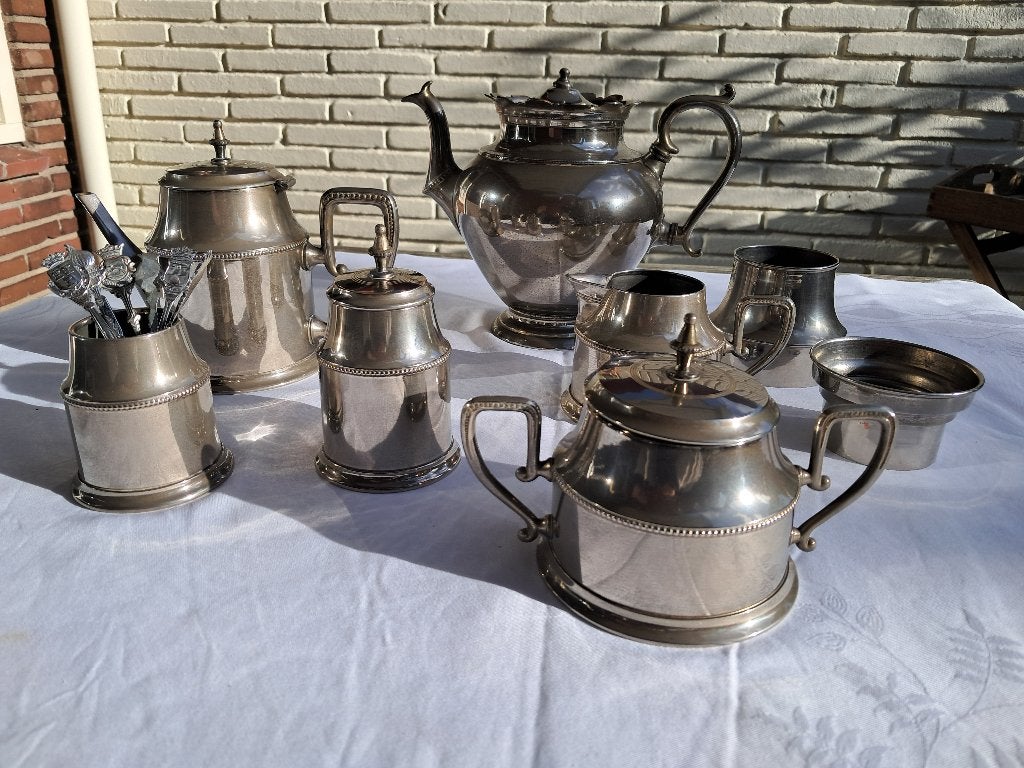 Antiek verzilverd theeservies - 6-delig, Ophalen, Zilver