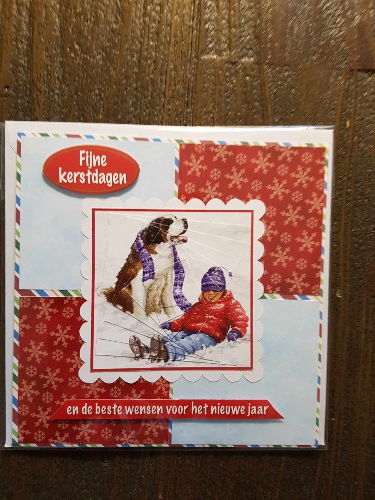 Kaartje kerst jongen met hond (Sint bernhard), Ophalen of Verzenden, Nieuw, Kerst