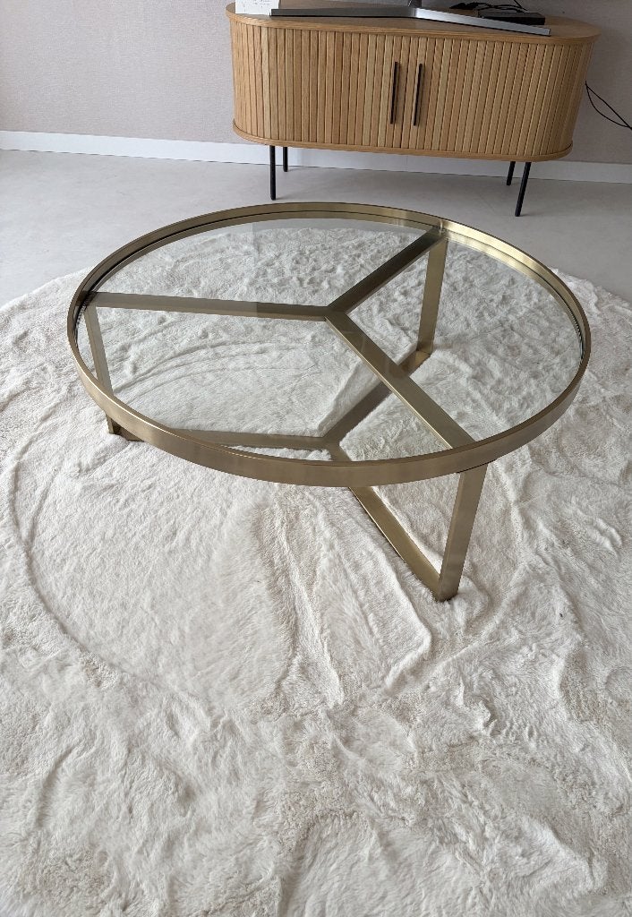 Ronde goud en glazen salontafel SKLUM (90cm diameter), Huis en Inrichting, Tafels | Salontafels, Ophalen, 50 tot 100 cm, Rond