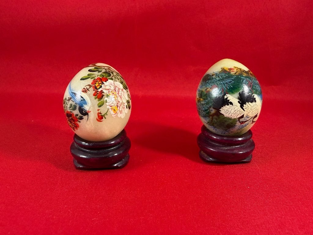 2 kleine Japanse eieren - Satsuma ei kraanvogel en bluebird, Antiek en Kunst, Ophalen of Verzenden