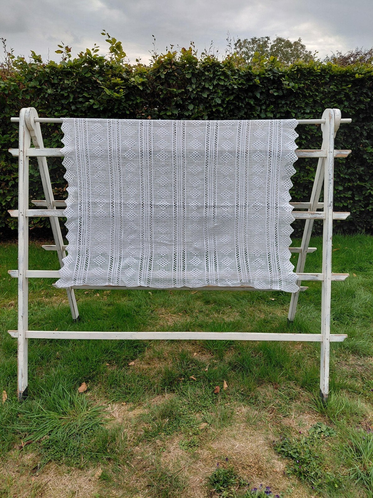 Vintage gehaakte bedsprei handgemaakt 130x180, Gebruikt, Eenpersoons, Wit, Katoen