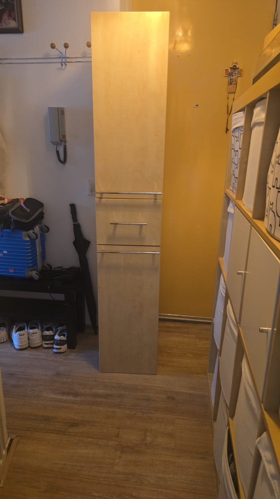 Hoge smalle kast met lades en planken, Huis en Inrichting, Kasten | Overige, Ophalen, Gebruikt