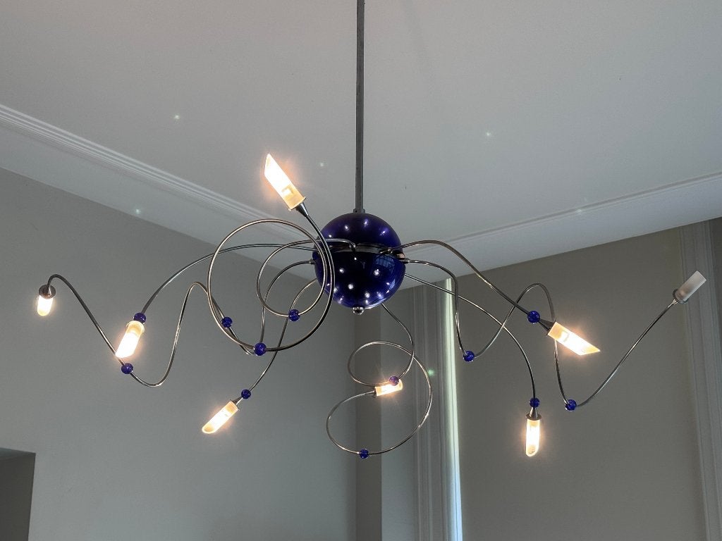 Prachtige Italiaanse design hanglamp, Muranoglas, blauw, Ophalen, Gebruikt, Glas, Design