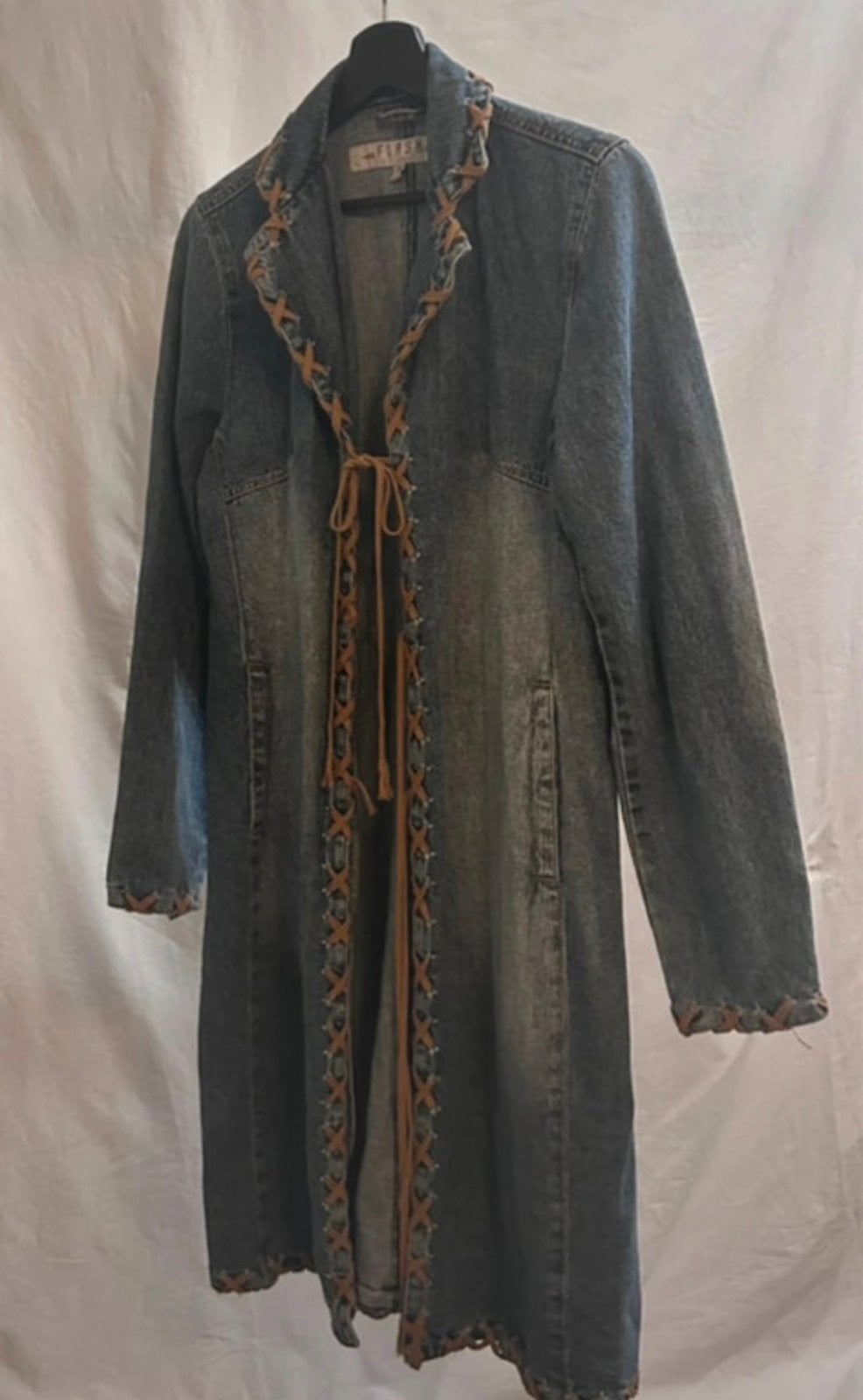 Spijkerjas Y2K trenchcoat vintage middellang boho 70s, Verzenden, Zo goed als nieuw, Maat 38/40 (M), Blauw