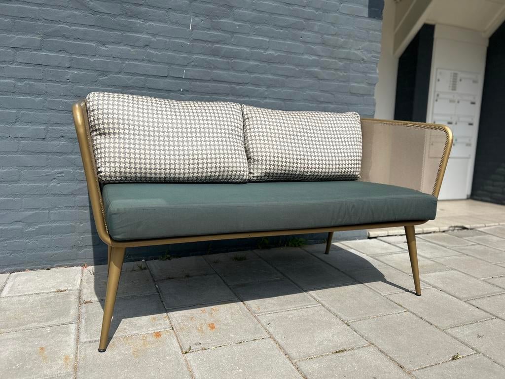 Stijlvol Bistro 2-zits bankje Balkon of Serre Incl kussens, Tuin en Terras, Tuinbanken, Ophalen, Zo goed als nieuw, Metaal