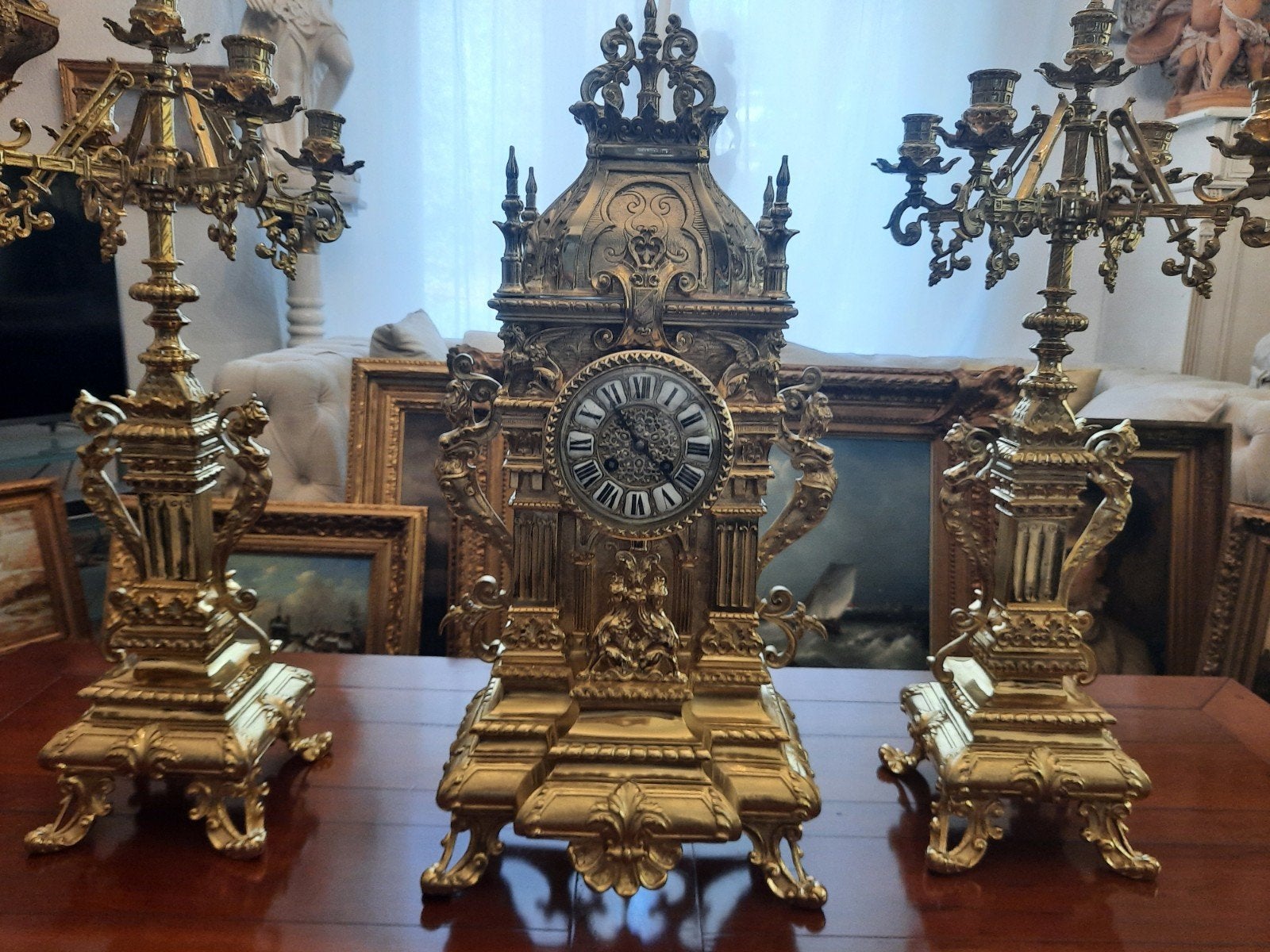 Antieke Franse Vergulde Bronzen Klok en Kandelaars Set, Antiek en Kunst, Ophalen