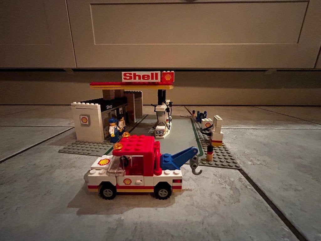 Lego 6378 Shell Tankstation met Takelwagen - Vintage Set, Lego, Ophalen of Verzenden, Complete set, Compleet