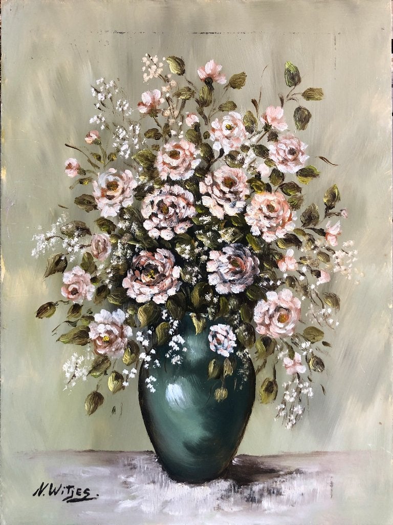 N.Witjes Schilderij 'Vaas met lichtroze bloemen',, Ophalen of Verzenden