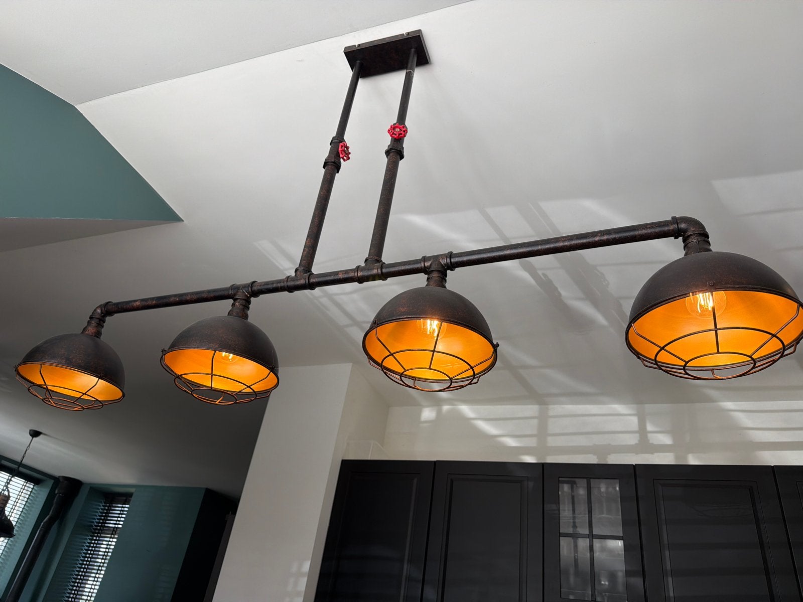 Industriële hanglamp 4-lichts - Zwart/Brons, Ophalen of Verzenden, Zo goed als nieuw, Metaal, E27 (groot)
