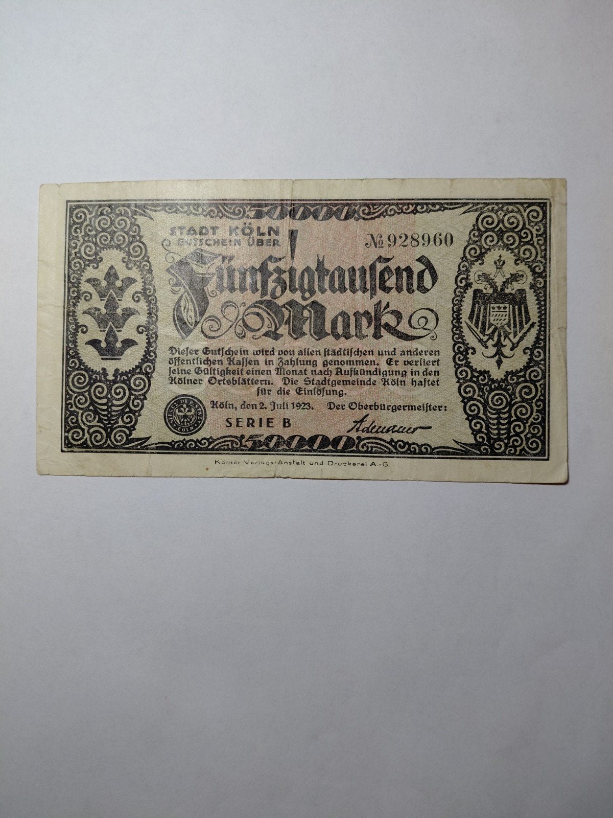 Duitse 50 000 mark 1923 Koln, Postzegels en Munten, Bankbiljetten | Europa | Niet-Eurobiljetten, Ophalen of Verzenden, Duitsland