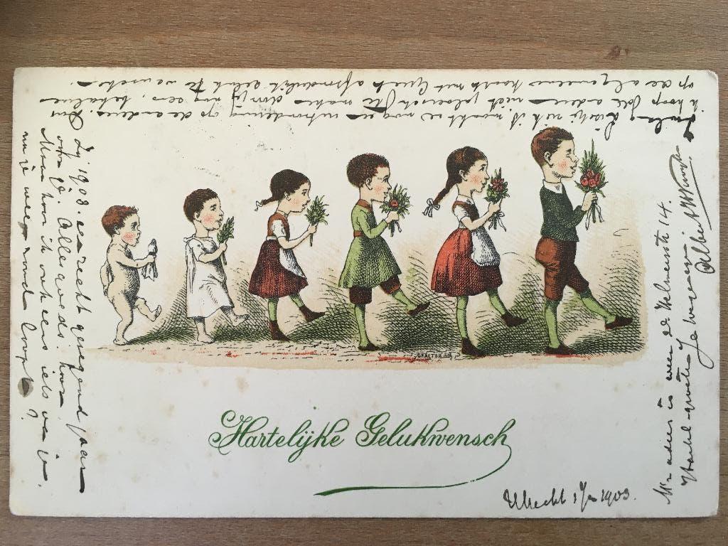 elk jaar komen de kleinkinderen op verjaardag, Verzamelen, Ansichtkaarten | Themakaarten, Ophalen of Verzenden, Voor 1920, Gelopen