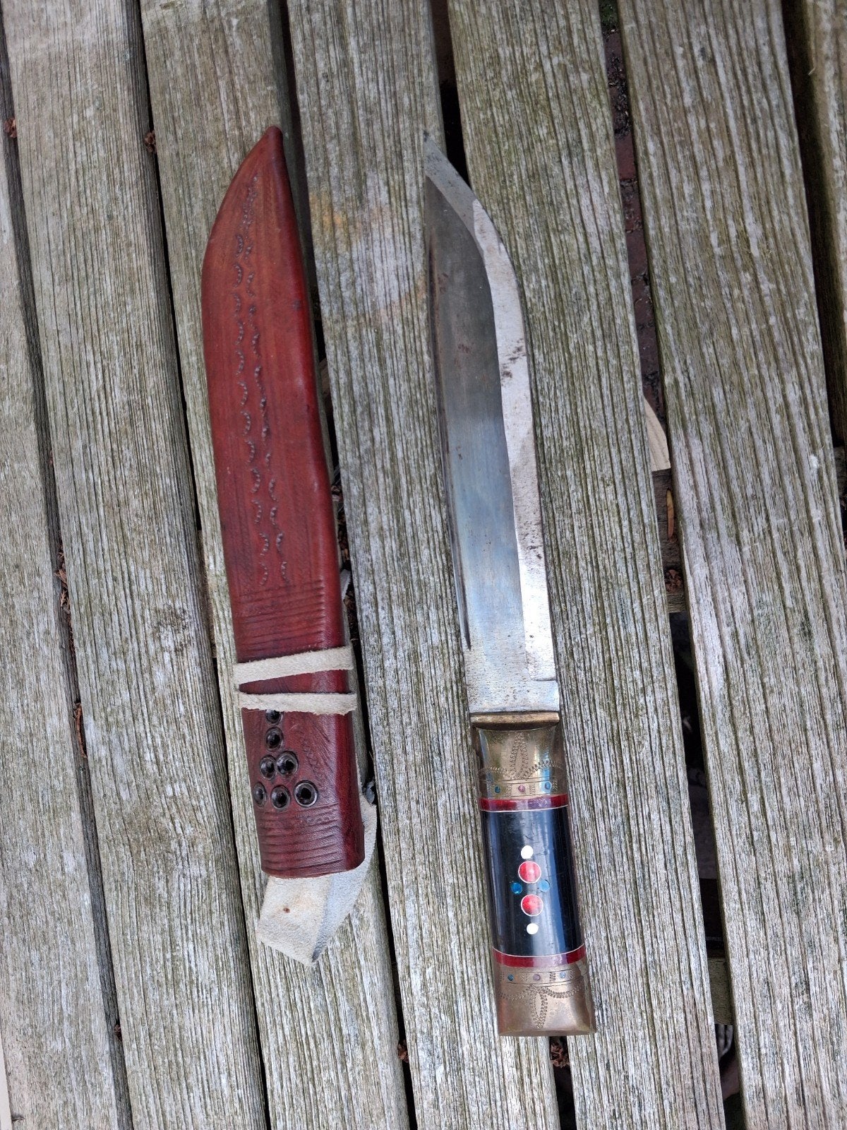 Grote Zware Dolk met Ingelegd Heft en Leren Schede - 31 cm, Ophalen of Verzenden