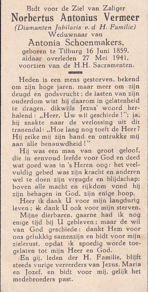 Vermeer Norbertus 1859 Tilburg 1941, Ophalen of Verzenden, Bidprentje